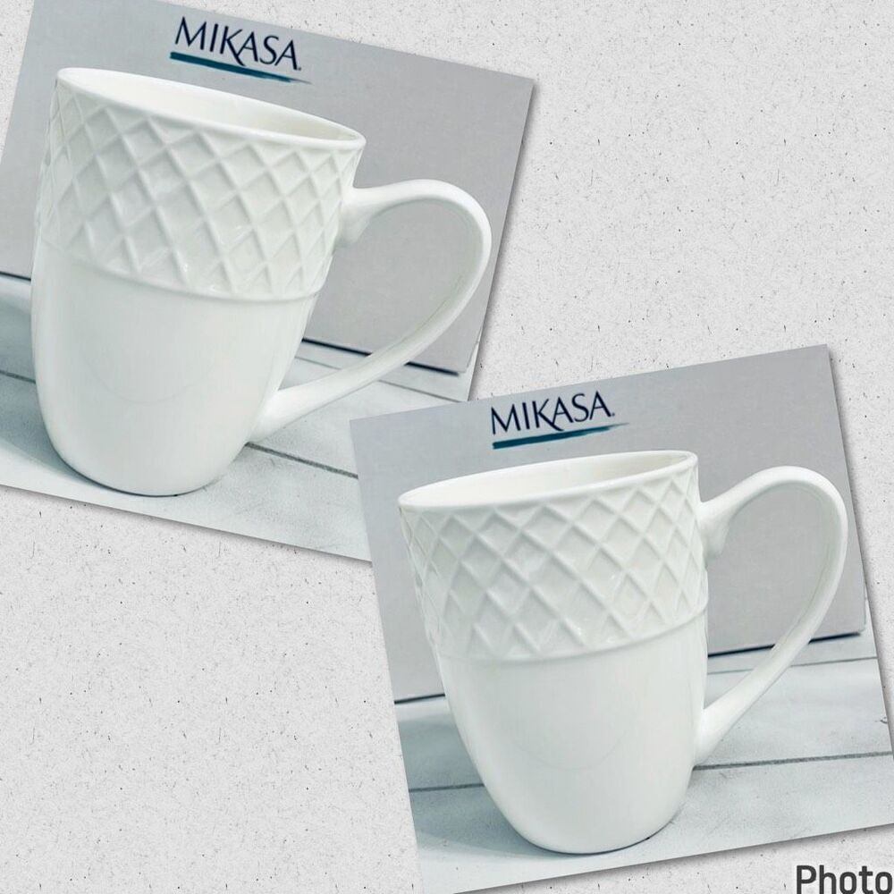New Mikasa Set of 2 white bone china Trellis Mugs Dishwasher & Microwave Safe